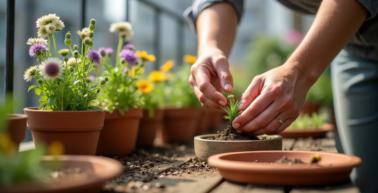 Üppig bepflanzter Stadtbalkon mit einheimischen Wildblumen und Insektenhotels