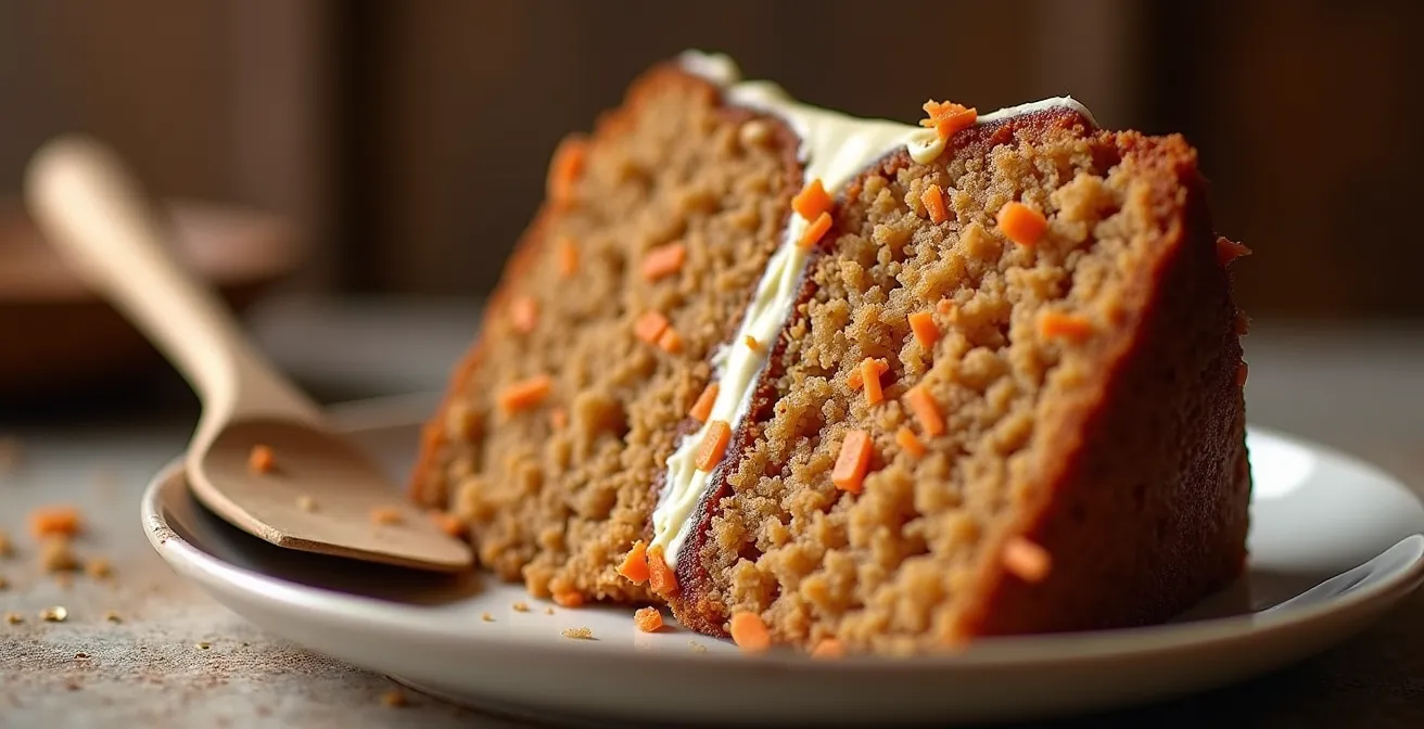 Saftige vegane Rüeblitorte mit Schweizer Ruchmehl auf rustikalem Holzbrett