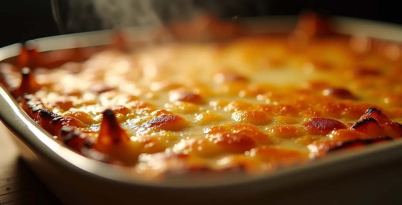 Goldbrauner veganer Gratin mit geschmolzenem pflanzlichem Käse
