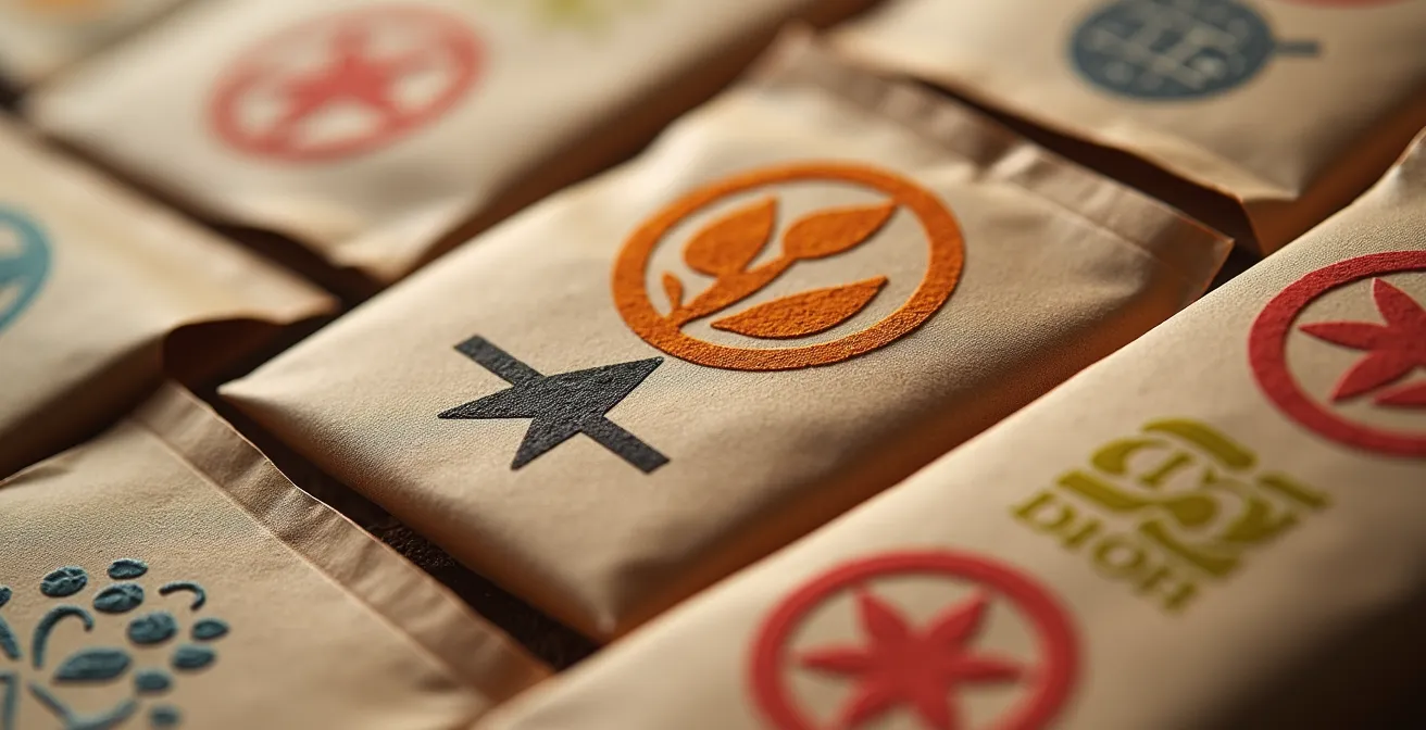 Nahaufnahme verschiedener Bio-Labels auf Produktverpackungen im Schweizer Supermarkt