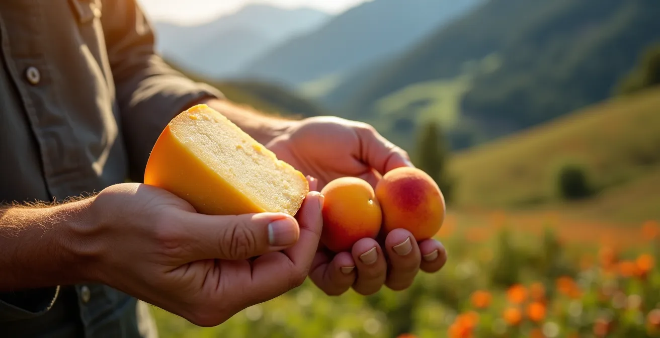 Eine typische Walliser Landschaft mit terrassierten Aprikosenbäumen und einem Stück Alpkäse im warmen Licht, das den Reichtum des Terroirs symbolisiert.