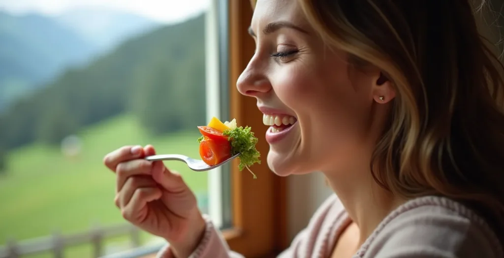 Person beim achtsamen Essen mit Fokus auf Genuss statt Kalorienzählen Person beim achtsamen Essen mit Fokus auf Genuss statt Kalorienzählen